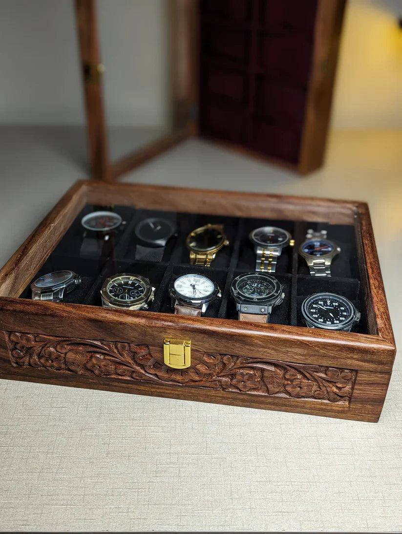 Handmade Wooden Watch Organizer Box with Glass Lid & Carving Art - for 10 Watches