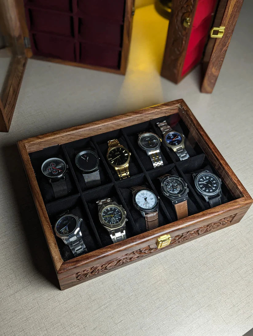 Handmade Wooden Watch Organizer Box with Glass Lid & Carving Art - for 10 Watches