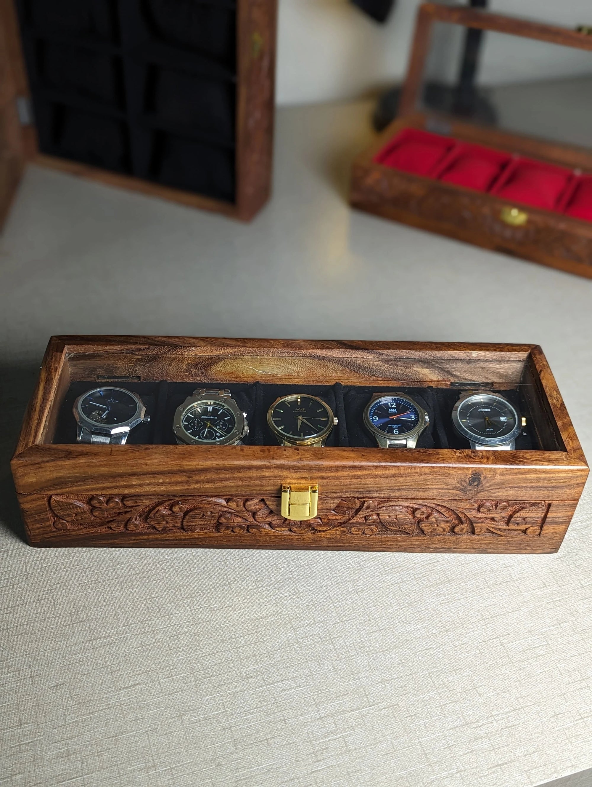 Handmade Wooden Watch Organizer Box with Glass Lid & Carving Art - for 5 Watches