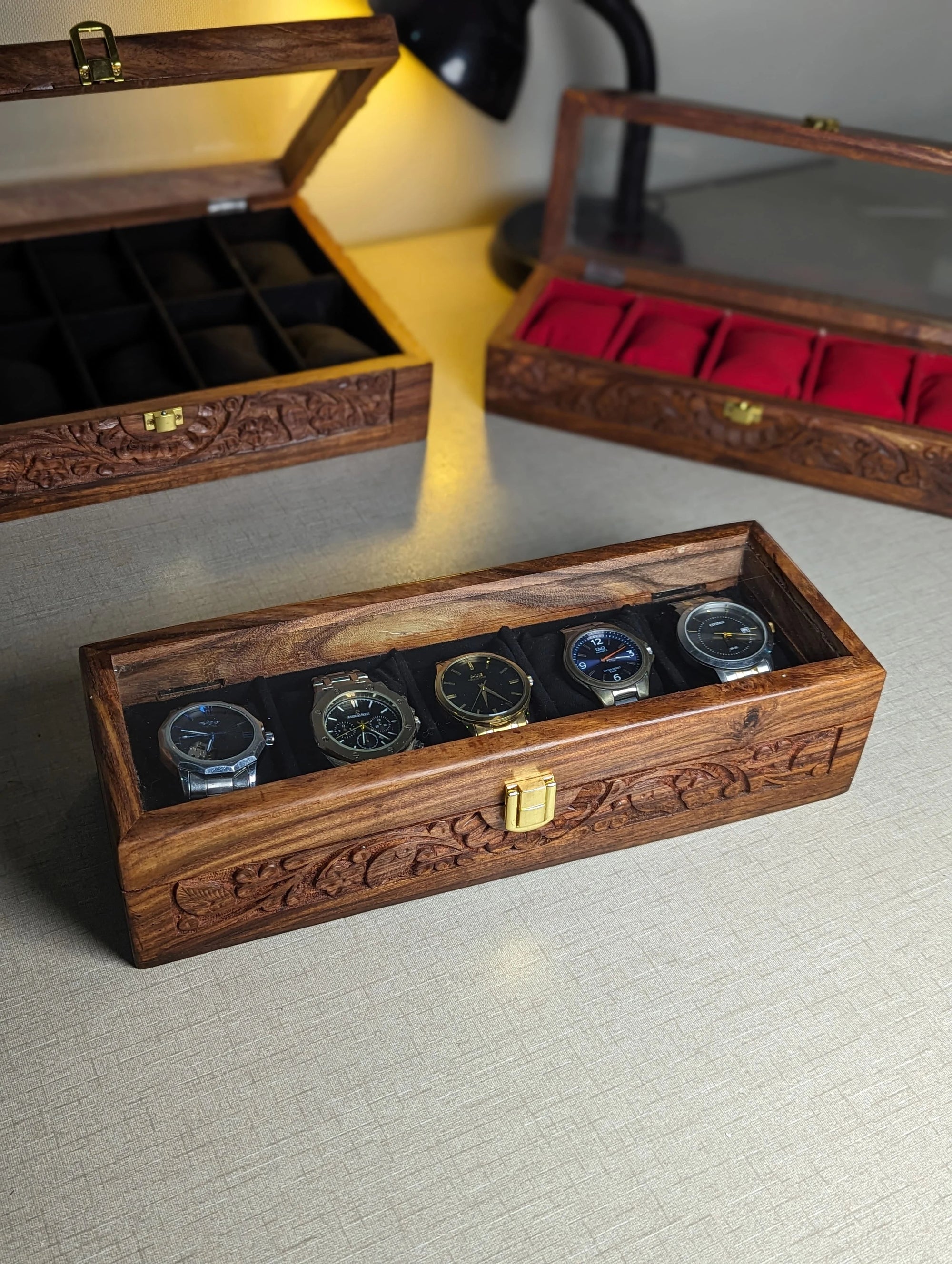 Handmade Wooden Watch Organizer Box with Glass Lid & Carving Art - for 5 Watches