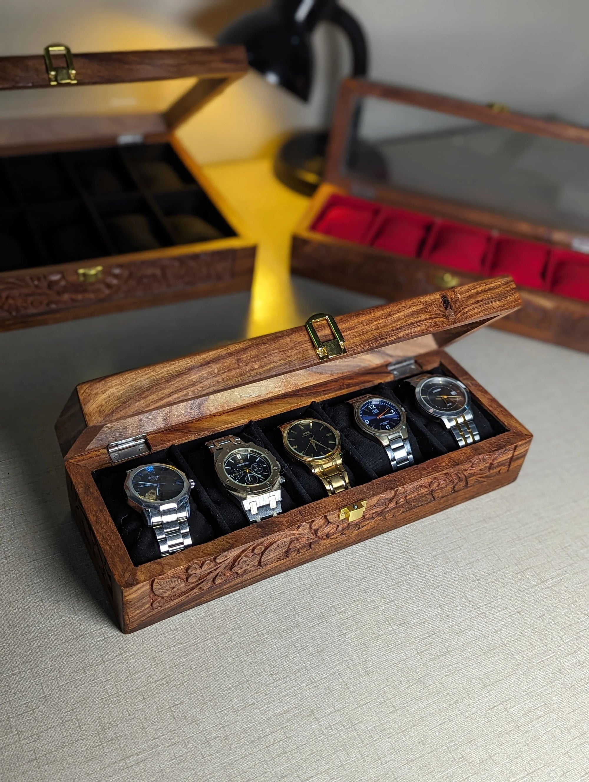 Handmade Wooden Watch Organizer Box with Glass Lid & Carving Art - for 5 Watches