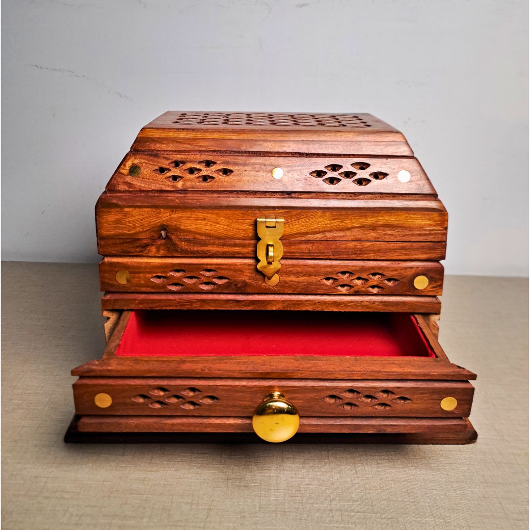 Set of 2 Hand-Carved Shesham Wood Jewelry Boxes - 9x12" and 7x10"