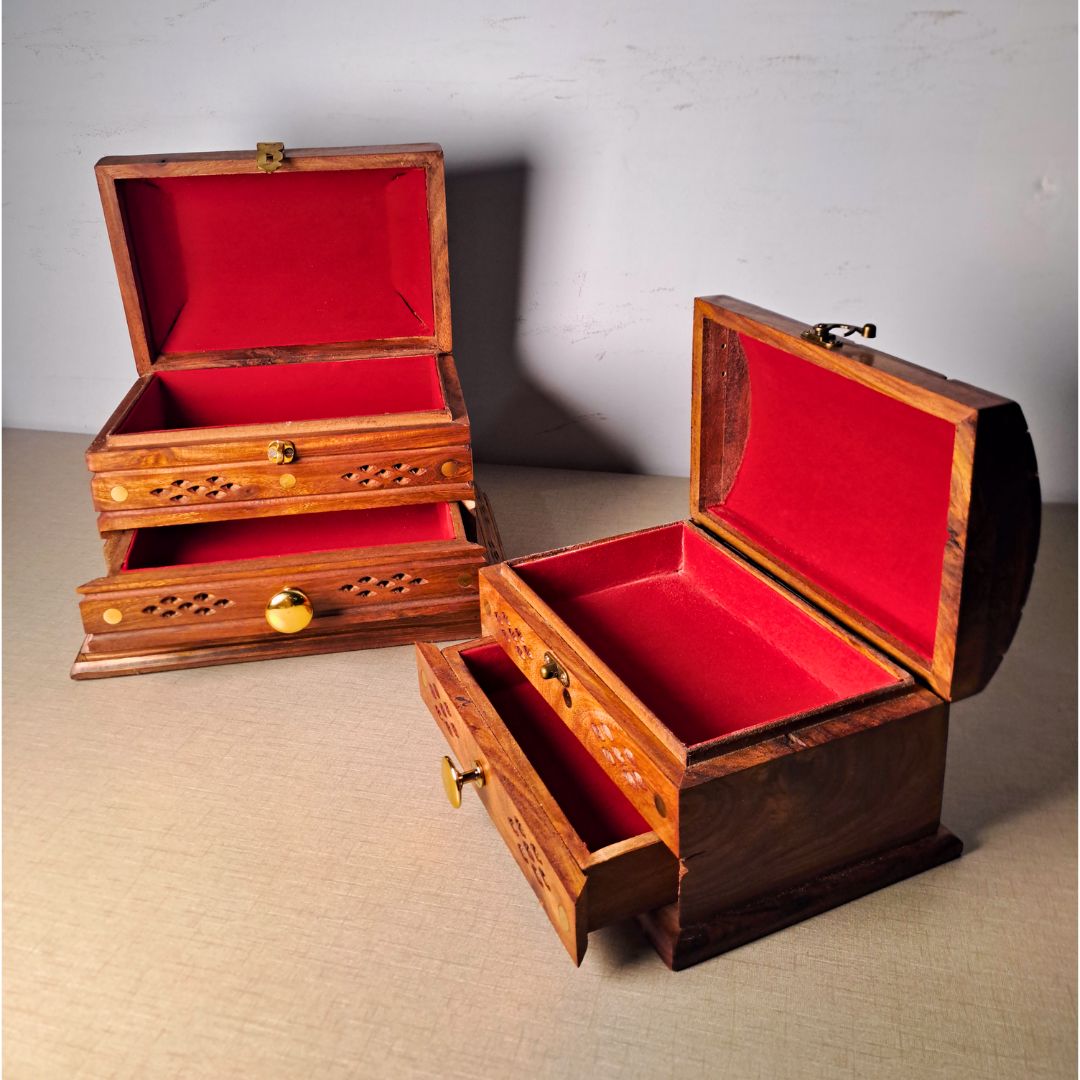 Set of 2 Hand-Carved Shesham Wood Jewelry Boxes - 9x12" and 7x10"