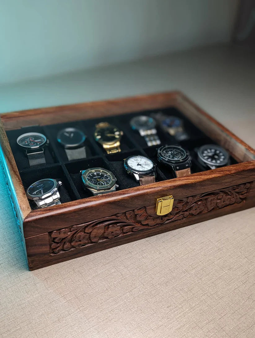Handmade Wooden Watch Organizer Box with Glass Lid & Carving Art - for 10 Watches