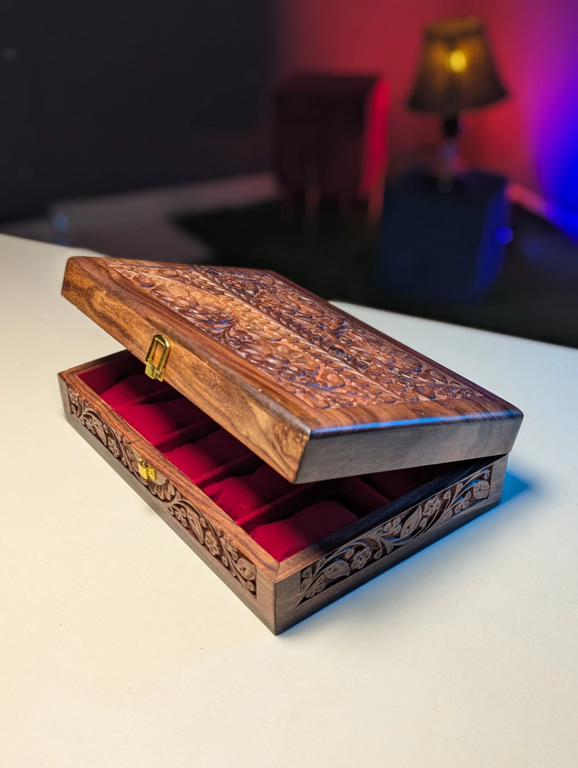 Handmade Wooden Watch Organizer Box with Carving Art - for 10 Watches