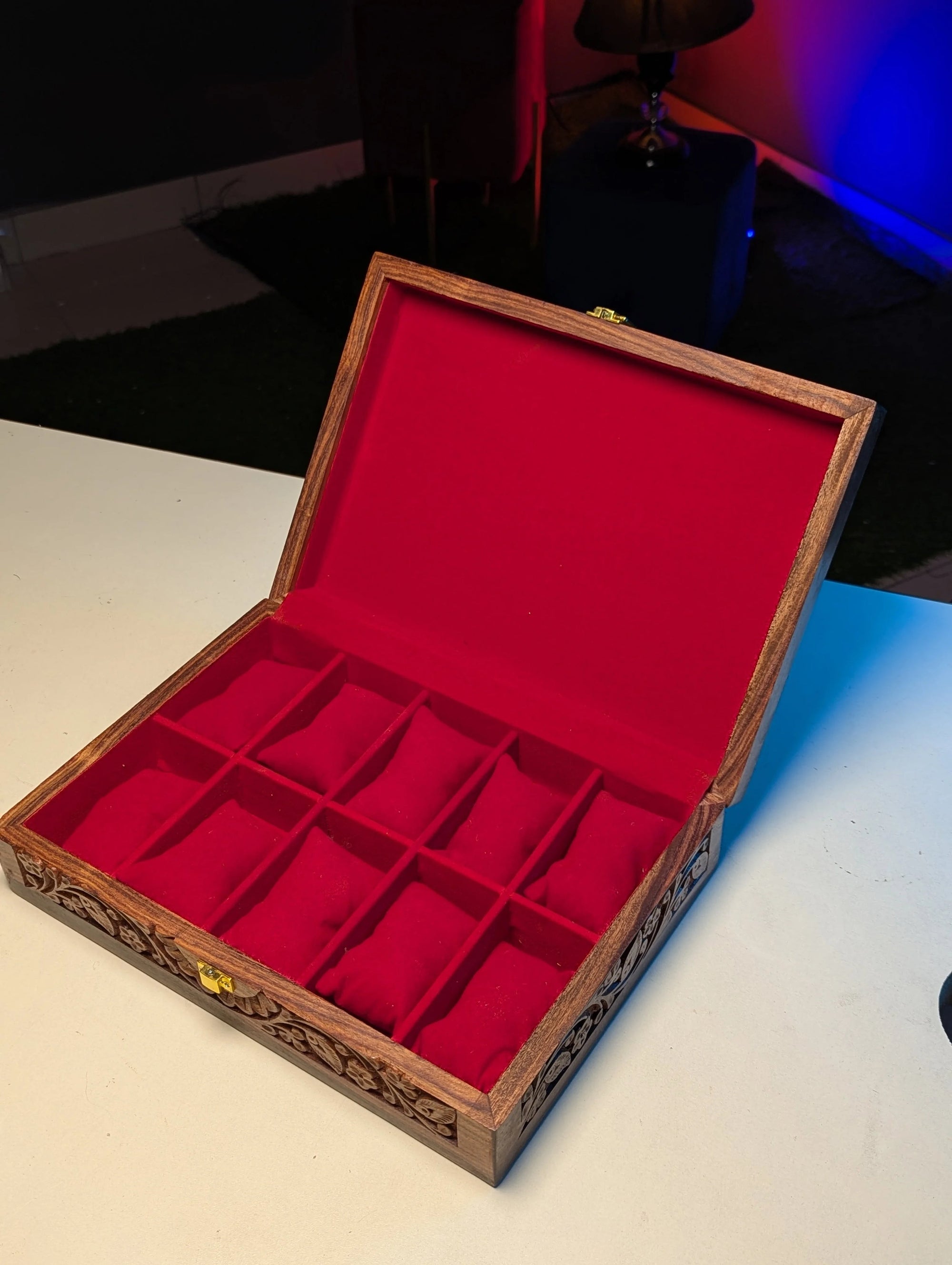 Handmade Wooden Watch Organizer Box with Carving Art - for 10 Watches