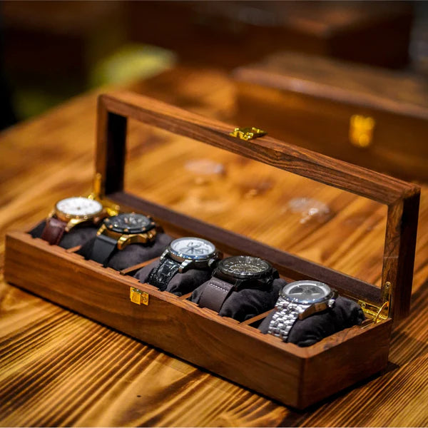 Handmade Wooden Watch Organizer Box with Glass Lid - for 5 Watches