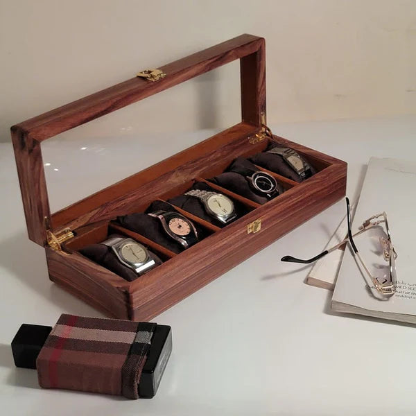 Handmade Wooden Watch Organizer Box with Glass Lid - for 5 Watches