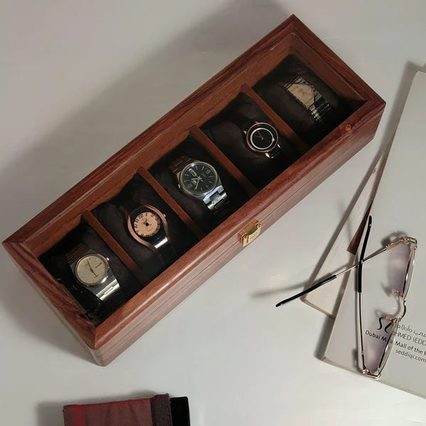 Handmade Wooden Watch Organizer Box with Glass Lid - for 5 Watches
