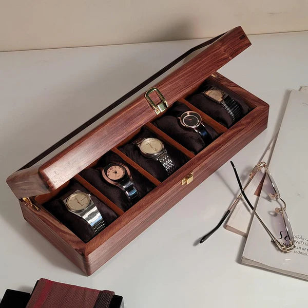 Handmade Wooden Watch Organizer Box with Glass Lid - for 5 Watches